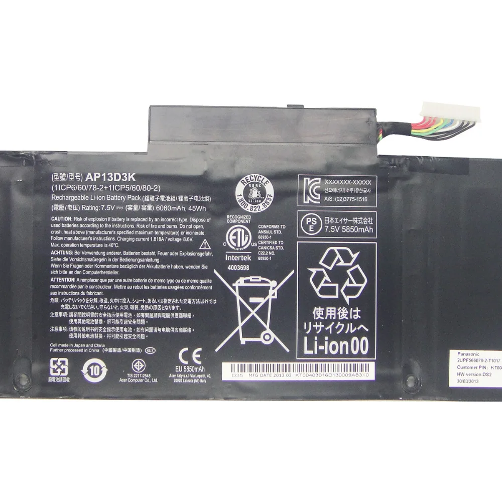 New Original Genuine AP13D3K 7.5V 6060mAh 45Wh Laptop Battery for Acer Aspire S3 S3-392G(1ICP6/60/78-2 + 1ICP5/60/80-2) 6 Cell | Компьютеры