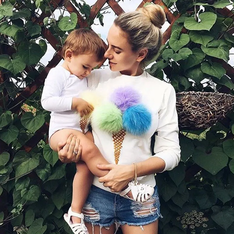 

Women Colorful Mohair Ball ICE CREAM Printed Sweatshirts Autumn Winter and Spring Hoodies Long Sleeve O-neck Causal Tracksuit