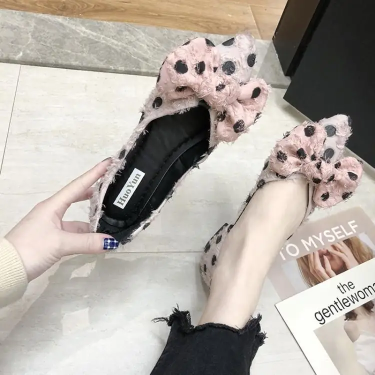 Cute Dot Black White Pink Suede Women Flats Pointed Toe Soft Massage Rubber Heels Shoes Chic Bowtie Slip On Zapatos Mujer | Обувь