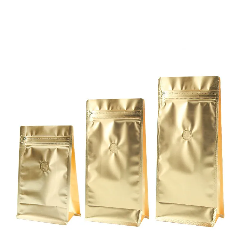 

100pcs Golden coffee bag one-way valve side zipper octagonal sealing aluminum foil bags coffee bean packaging pouch