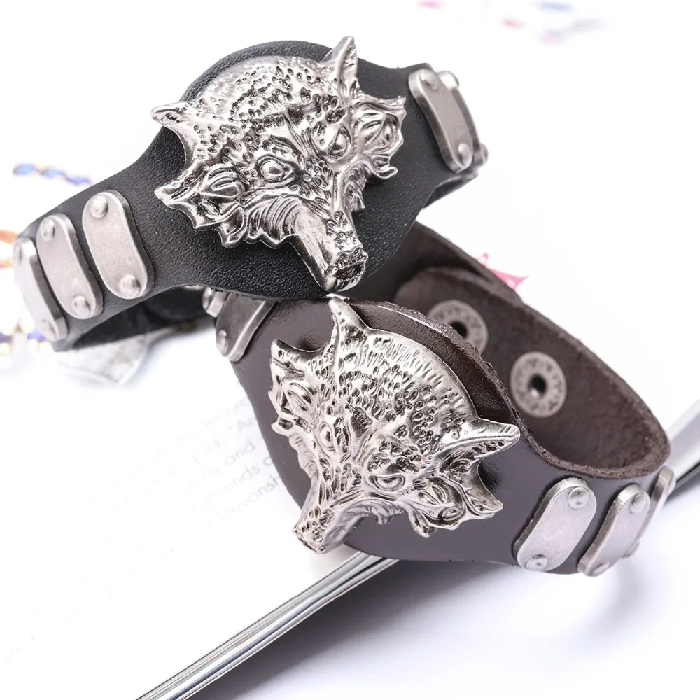 XINYAO 2019 Geunine Leather Charm Wolf Bracelet Punk Style Black Cuff Bangle Male Gothic Spike Jewelry Best Gift | Украшения и