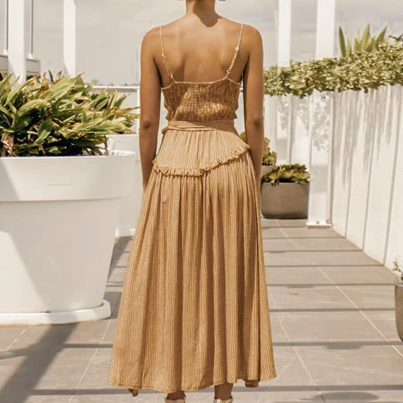 Melegant Bow Ruffle Sexy Spaghetti Strap Summer 2019 Women Dress Casual Beach Maxi Dresses Female Stripe Long Vestidos | Женская одежда