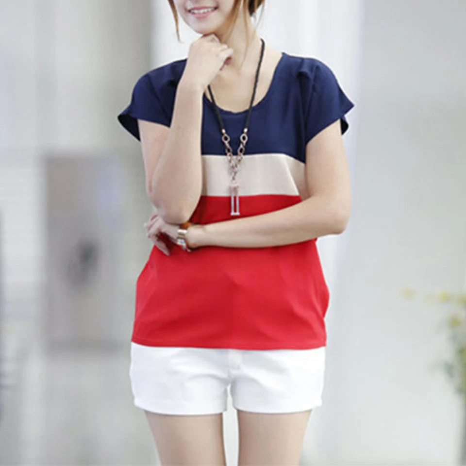 Повседневный Женщина Милый Каваи Футболка Корейский Одежда Цветной Блок