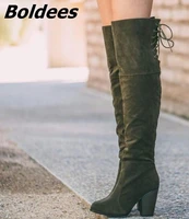 suede dark army green block heels knee high boots concise women pretty round toe back lace up chunky heeled boots