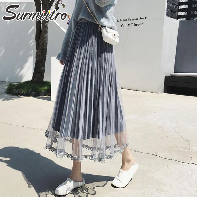 Velvet And Tulle Skirt Women 2018 Autumn Winter Fashion Korean Lace Elegant High Waist Pleated Female Midi Long | Женская одежда