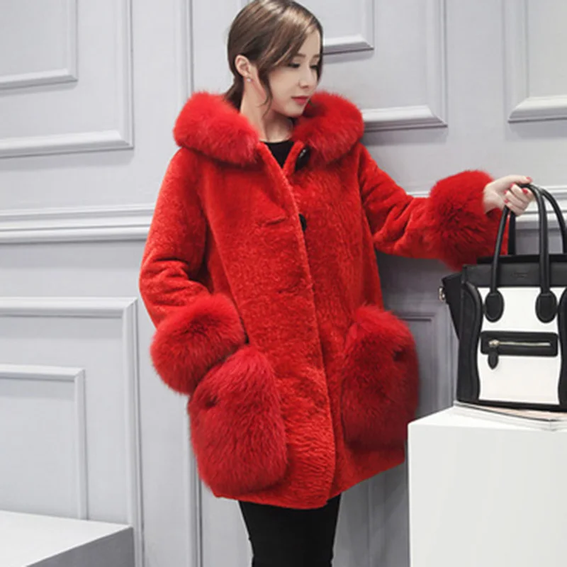 red Genuo Winter Luxury Faux Fox Fur Coat Slim Long Faux Fur Jacket Overcoat Women Hooded Fur Pocket Warm Coat Outwear Party Clothes - Цвет: red