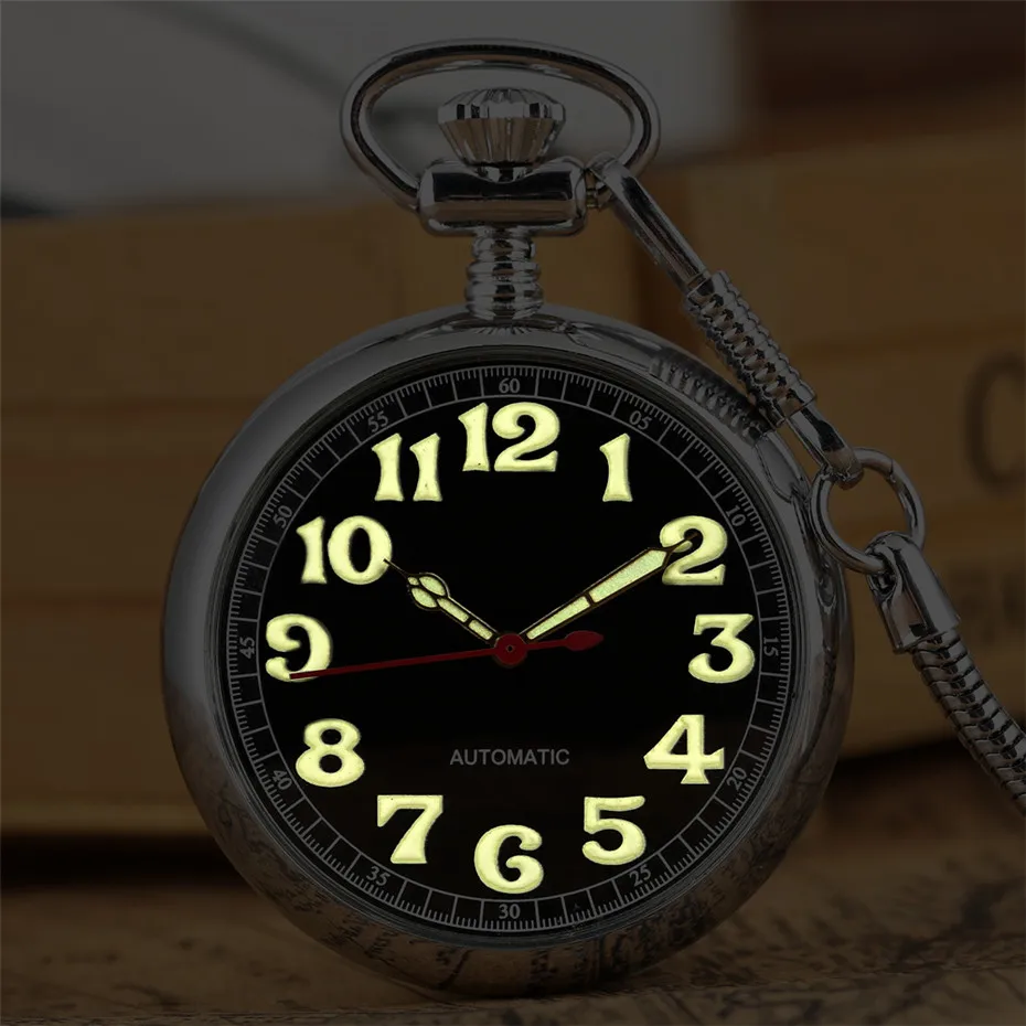 Фото Светящиеся Механические карманные часы с арабскими цифрами и автоподзаводом, изысканные серебряные Ретро-часы с подвеской и карманом на брелке 30 см №1