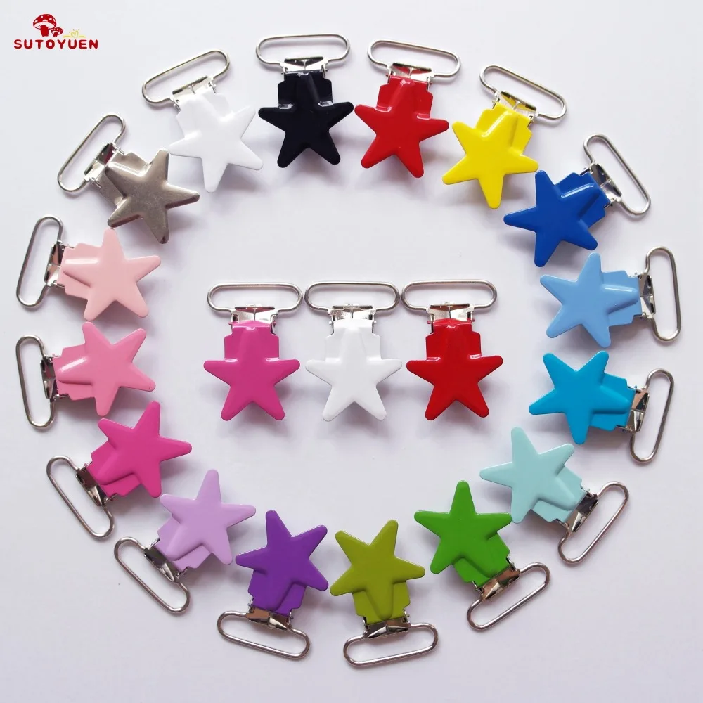 

Free Shipping 50pcs 1'' 25mm 16 Colors Assorted Enamel Metal Star Pacifier Clips Suspender Clips Dummy Soother Holder Lead Free
