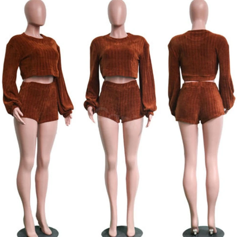 

hirigin Two Piece Stylish Women Long Sleeve Velvet Crop Top Bandage Shorts Set Outfits High Street Clothes S-XL