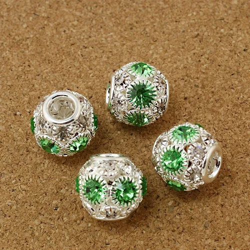 

50pcs/lot 15mm Round Shape Green Rhinestone Hollw Ball Spacer DIY Beads Fit European Bracelet