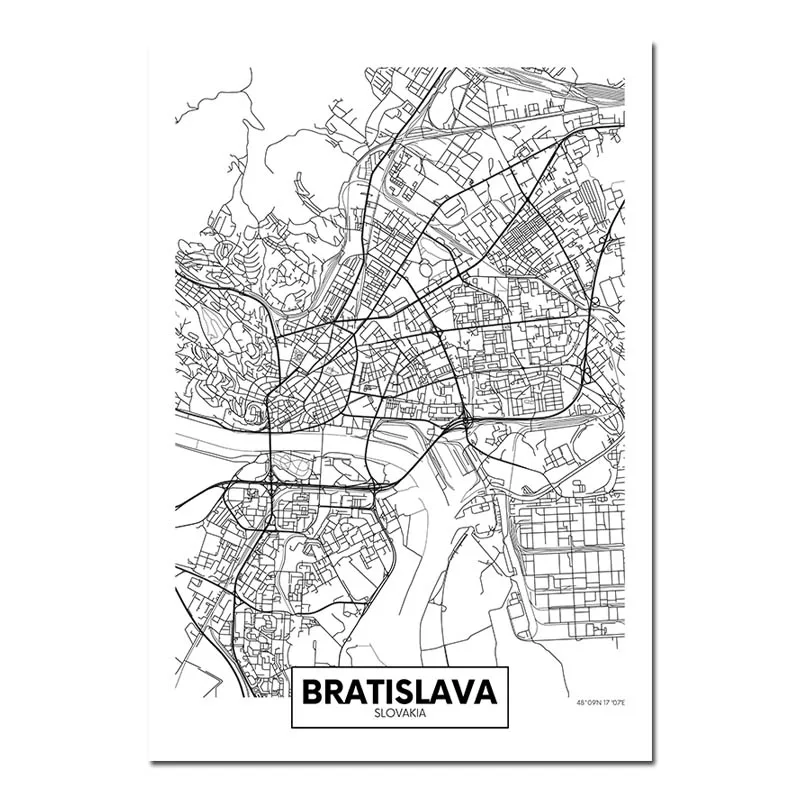 Bratislava Черный, белый, Роттердам, Лондон, Нью-Йорк, столица, город, карта, холст, плакат, настенное искусство, печать, живопись, скандинавские декоративные картины, Декор - Цвет: Bratislava