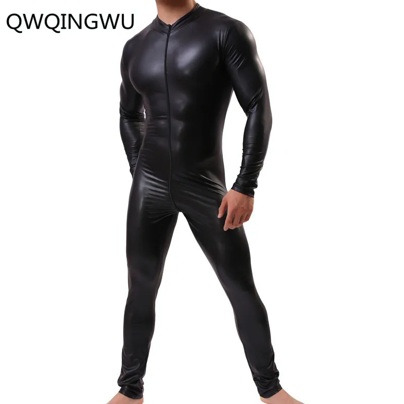 Sexy Men Shapers Wetlook Leather Latex Catsuit Long Sleeves Zipper Gay Men Full Body Leotard Lingerie Bodysuit Clubwear Shapers
