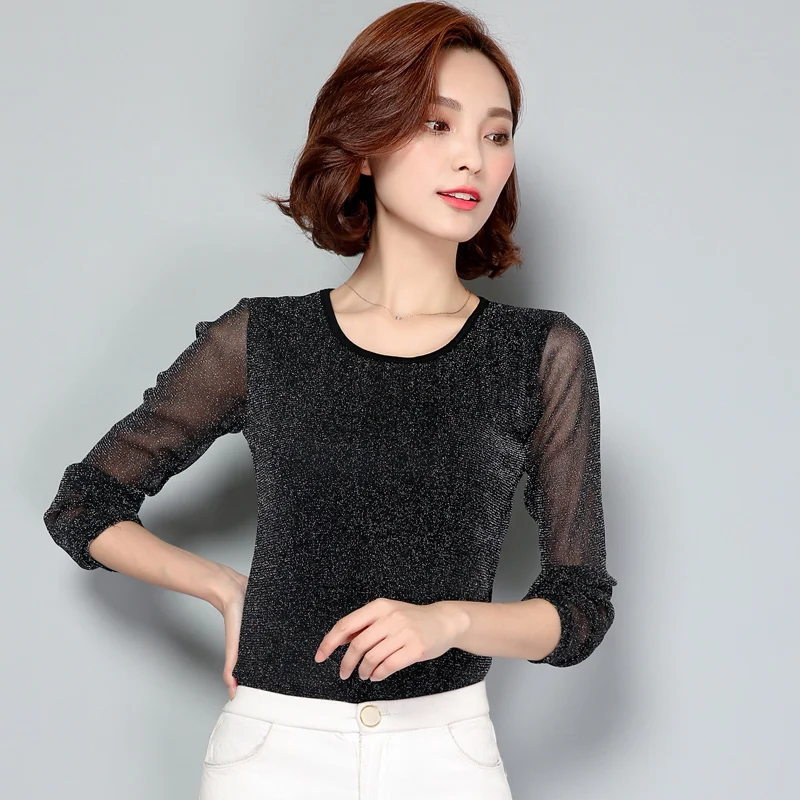 черные повседневные шифоновые Блузы Новинка 2017 осенние женские блузки с круглым