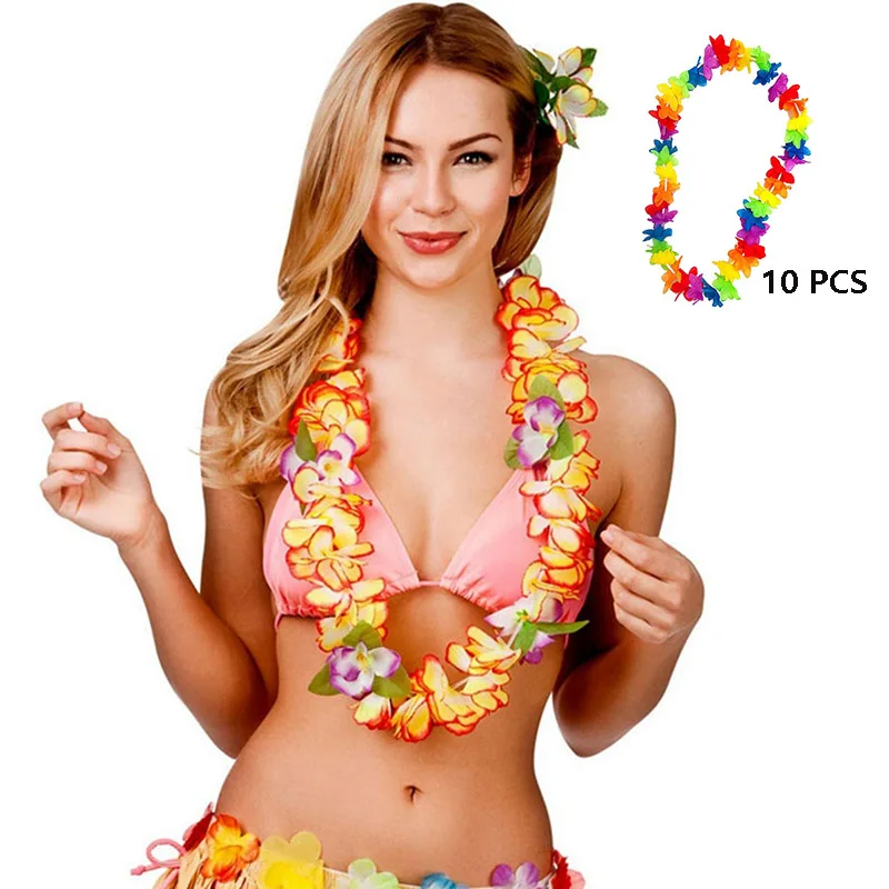10pcs leis flower FENGRISE/тропические вечерние юбки для стола из искусственной травы, Гавайские летние Луау, вечерние украшения для свадьбы, дня рождения, вечеринки, декор стола - Цвет: 10pcs leis flower