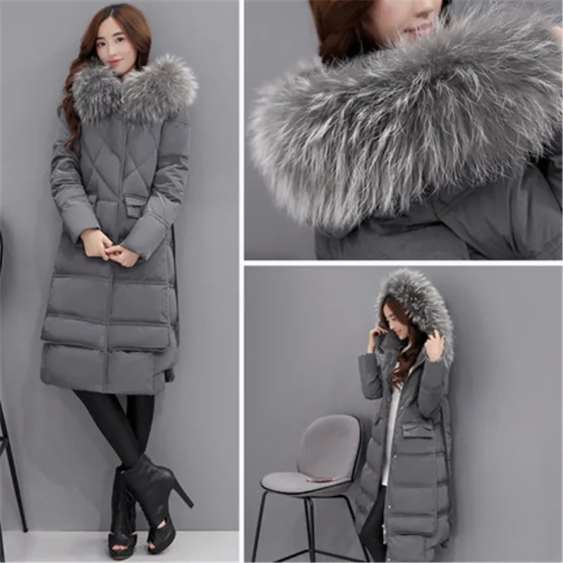 AYUNSUE Women Down Coat Large Fur Collar Parkas Winter Jacket 80% White Duck Coats Hooded Knee Long Snow ST279 | Женская одежда