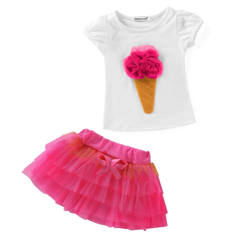 2017 New Casual Children Outfits Tracksuit Summer Clothing baby girls Ice Cream T-shirt+girls tutu skirt Suit Girls Set | Мать и ребенок