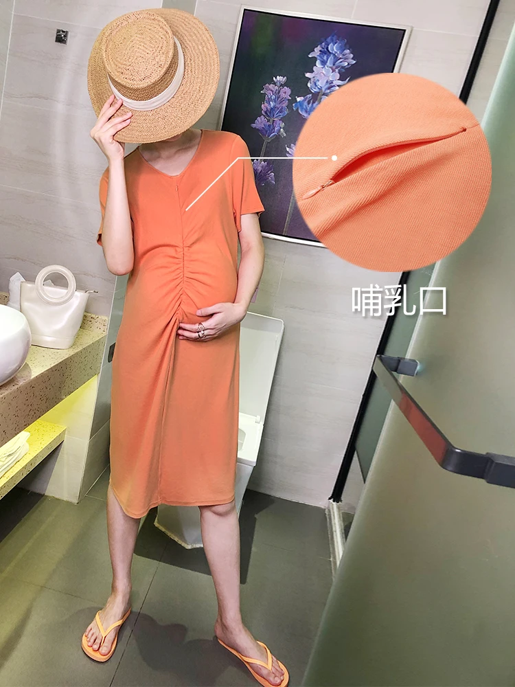 2019 Summer Pregnant Women Nursing Dress Clothes Short Sleeve Maternity Orange Pregnancy Casual | Мать и ребенок