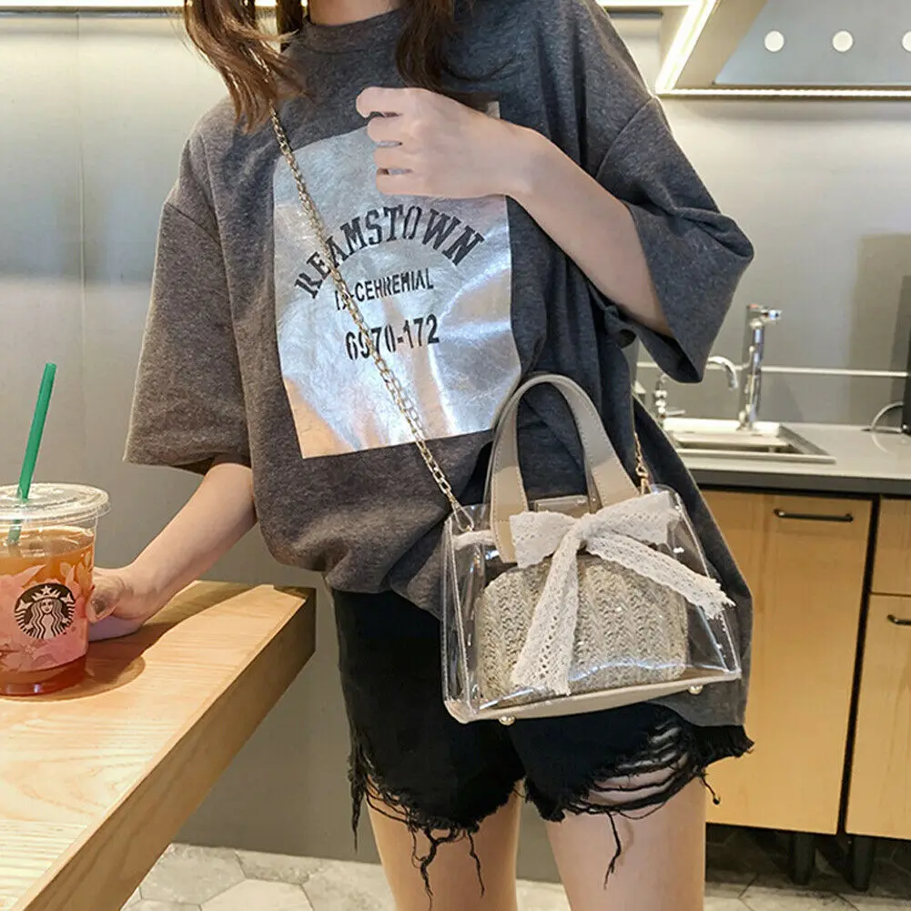 

New Luxury Transparent Stylish PVC & Straw Bags Women Clear Handbag Tote Fashion Shoulder Crossbody Casual Beach Bag