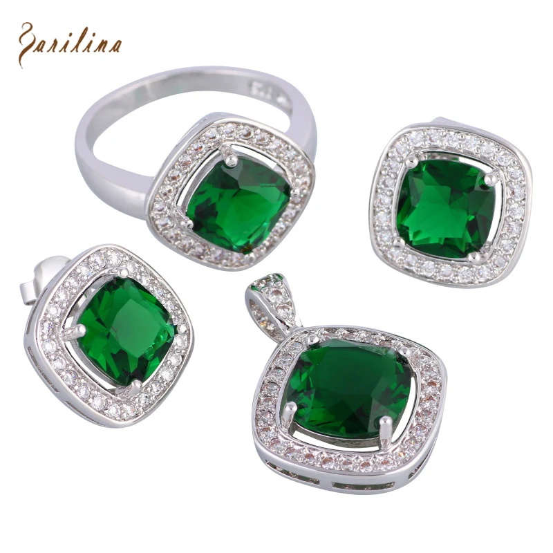 

Silver Color Overlay Green Cubic Zirconia Pendants/Ring/Earrings Wedding Accessories Jewelry Set Size 6 7 8 9 S258