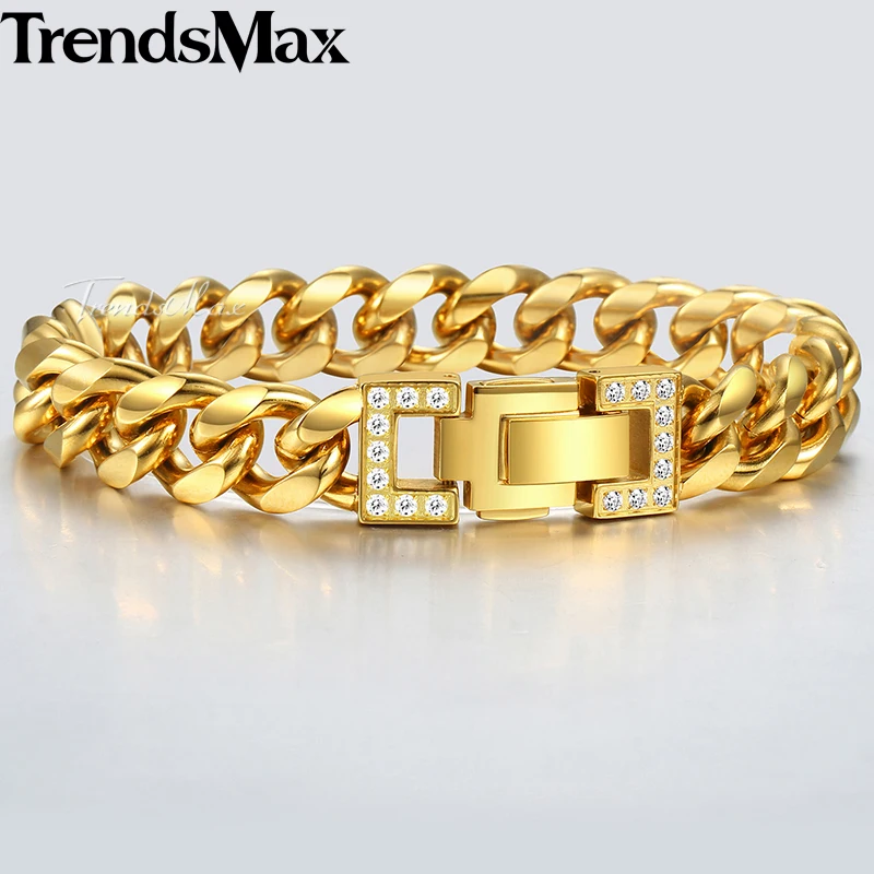 

Men's Bracelets Hip Hop Gold Cuban Link Chain 316L Stainless Steel Bracelet For Male Jewelry Dropshipping 12mm KHB500