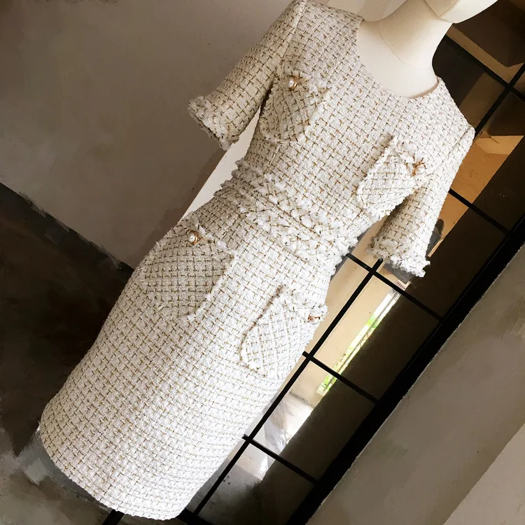 

Chic women's elegant pencil dress 2019 autumn short sleeves tweed dress A569