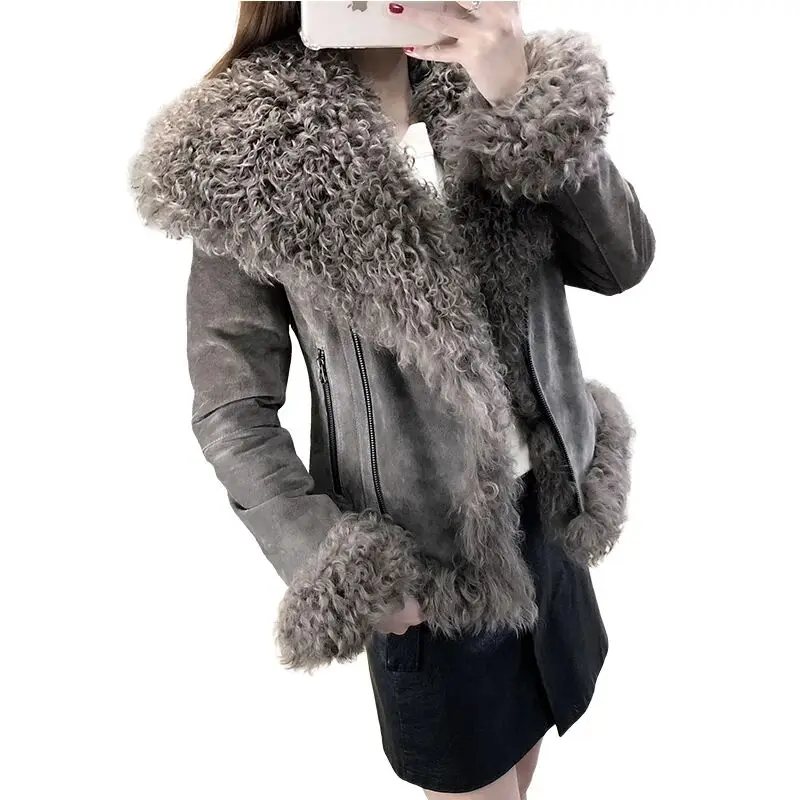 Women Real Sheep Fur Coat Winter Warm Fashion Genuine Merino Sheepskin Leather Jacket Natural Real leather  Coat