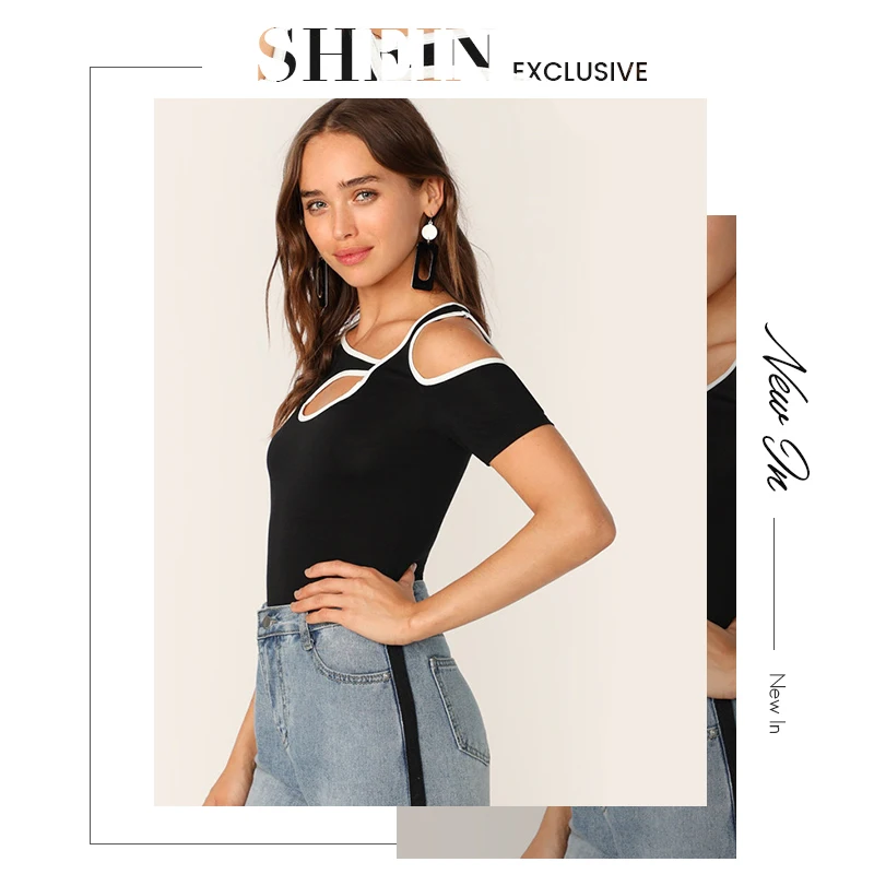 SHEIN Черная Спортивная контрастная облегающая футболка с вырезами женская летняя повседневная облегающая Асимметричная футболка с вырезом Женские топы