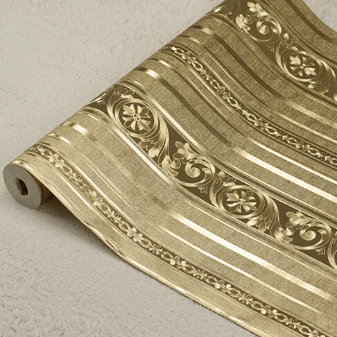 Европейская роскошная Золотая полосатая настенная бумага из ПВХ 3D тиснение