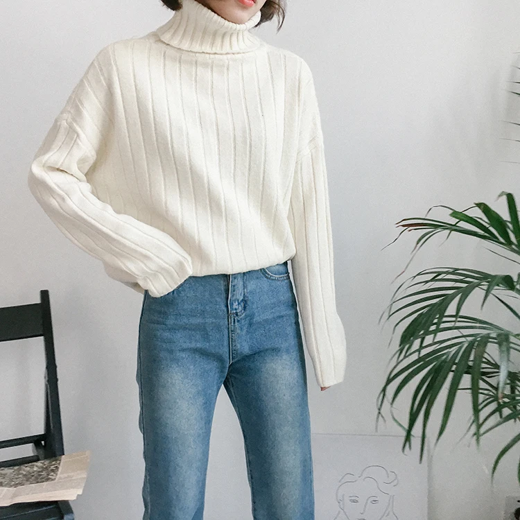 Soft Rabbit Hair Knitted Pullover Solid color Stripes Loose Turtleneck Women Sweater 2019 Winter New Fashion Warm Pullovers | Женская