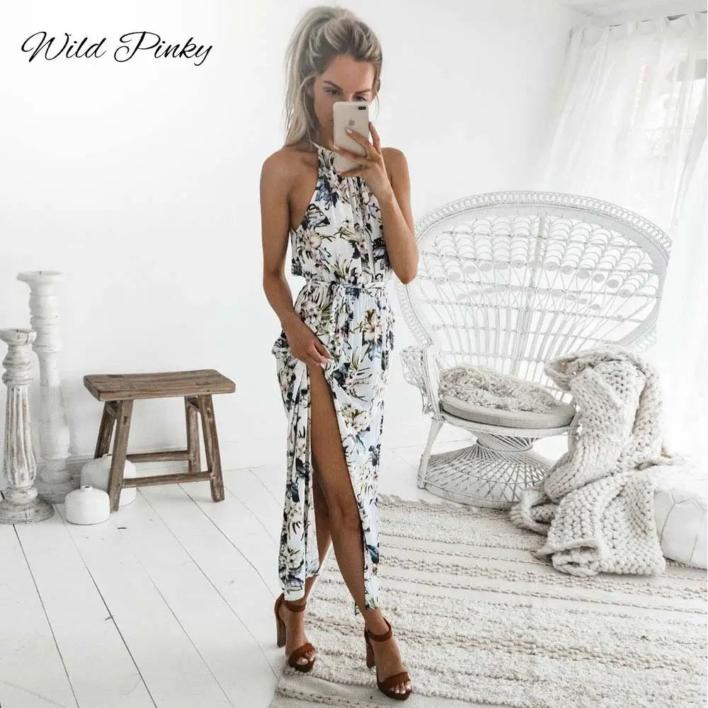 Женское длинное платье с цветочным принтом WildPinky пляжное на бретельках