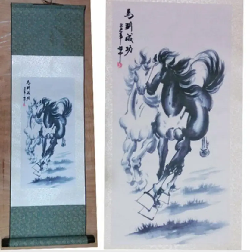 

Collection Chinese Silk Scroll Painting Ink Double Horse Painting Win Success Immediately Upon Arrival
