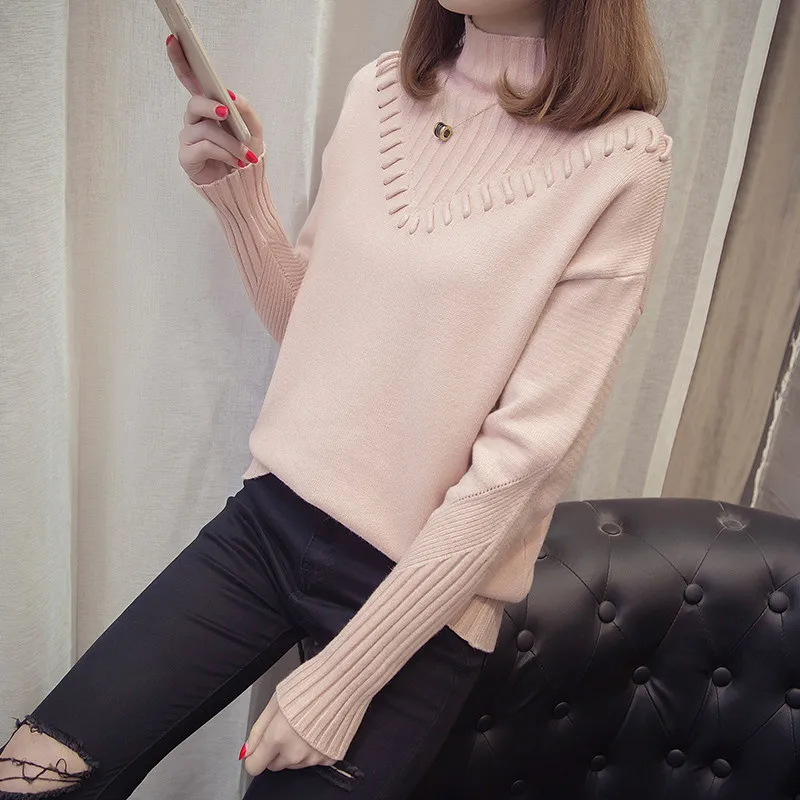 Autumn Winter Women Sweater 2018 New Half-High Collar Pullover Female V Loose Thick Knit Ladies Top Cw002 | Женская одежда