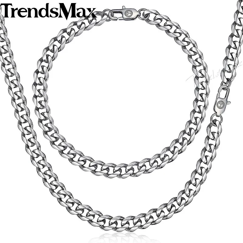 Trendsmax, полированный ювелирный набор, ожерелье для мужчин, нержавеющая сталь, мужской браслет, кубинская цепочка, золото, черное серебро, KKSM01
