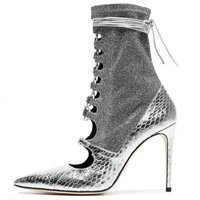 sliver snake print ankle boots for summer women pointed toe thin heels shoes women sock boots lace up shoe women fashion boots