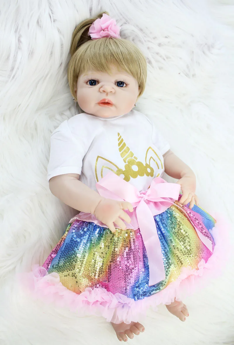 55 см полностью силиконовая кукла Reborn Baby Blonde для девочек, виниловая игрушка для новорожденных принцесс с единорогом, одежда Alive Bebe Boneca