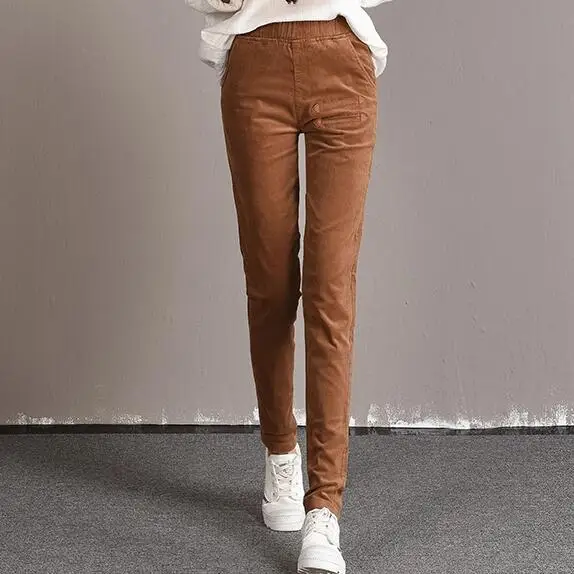 Карандаш Штаны для женщин вельветовые повседневные Капри высокой талией синий