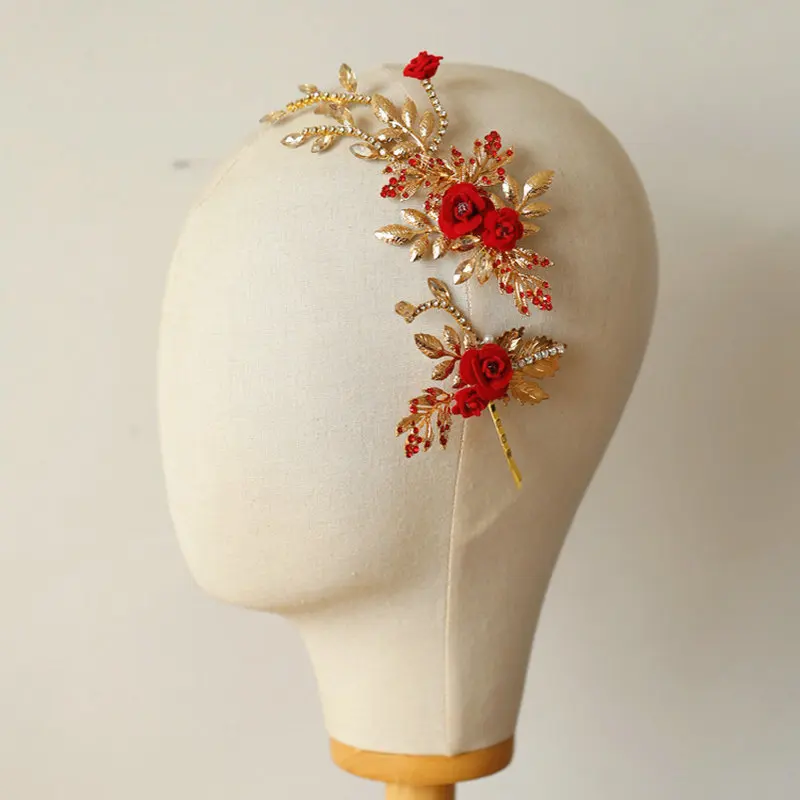

Винтажные модные золотые кристаллические свадебные аксессуары, Элегантные Заколки для волос с красным цветком