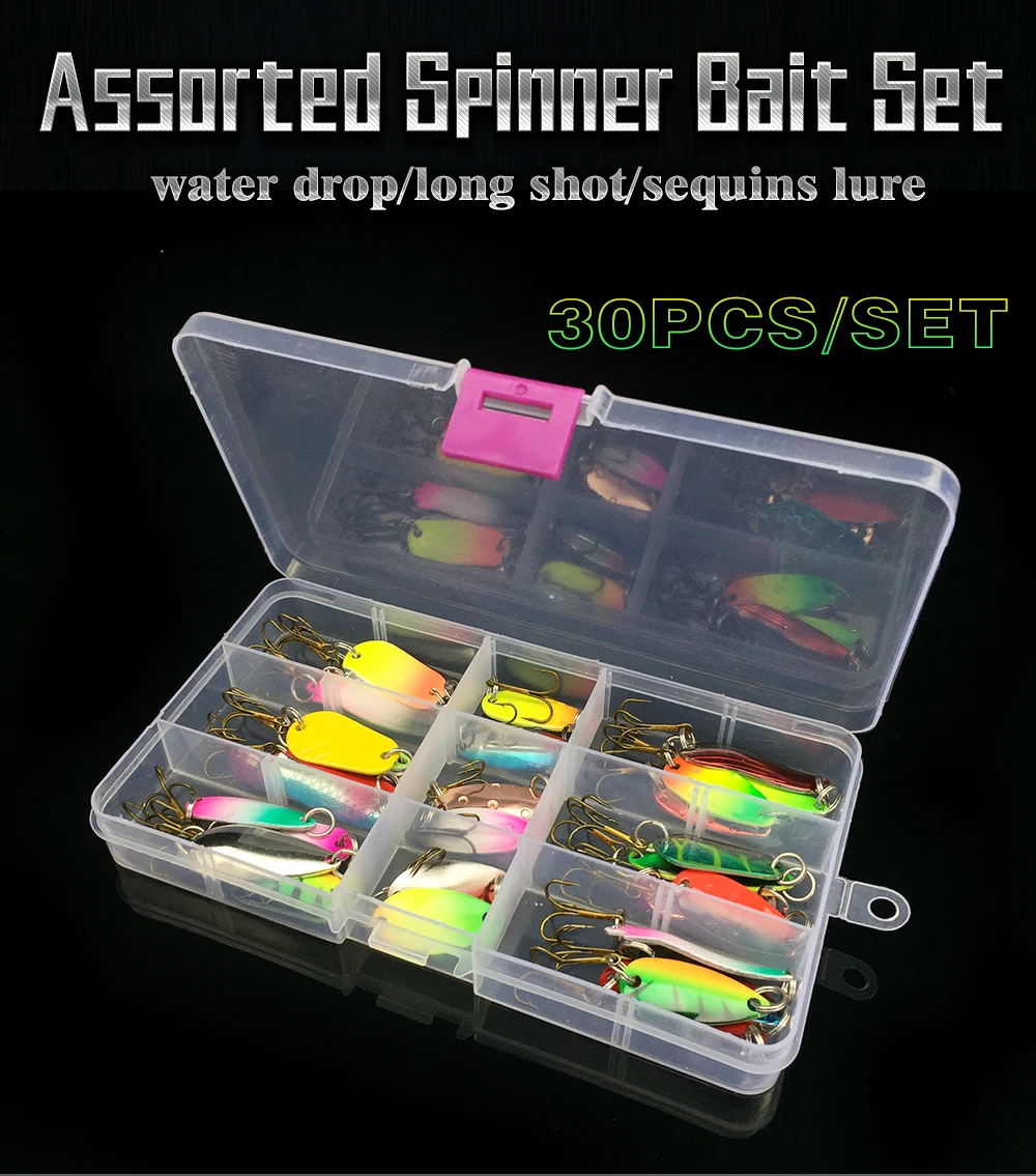 

30pcs/lot Fishing Lure Spinner Bait Spoon Lure Metal Baits Treble Hook Isca Artificial Fish Wobble Carp Spinnerbait Pesca Peche