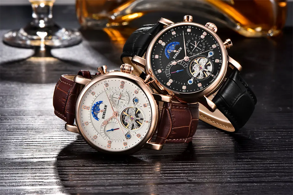 BINSSAW Мужские автоматические механические часы Tourbillon Роскошные модные брендовые Бизнес водонепроницаемые кожаные мужские часы Relogio Masculino