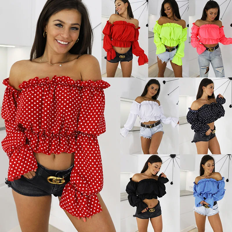 

women sexy slash neck blouse polka dot shirt women lantern sleeve crop top casual loose tops Chiffon Blouses Chemise Femme