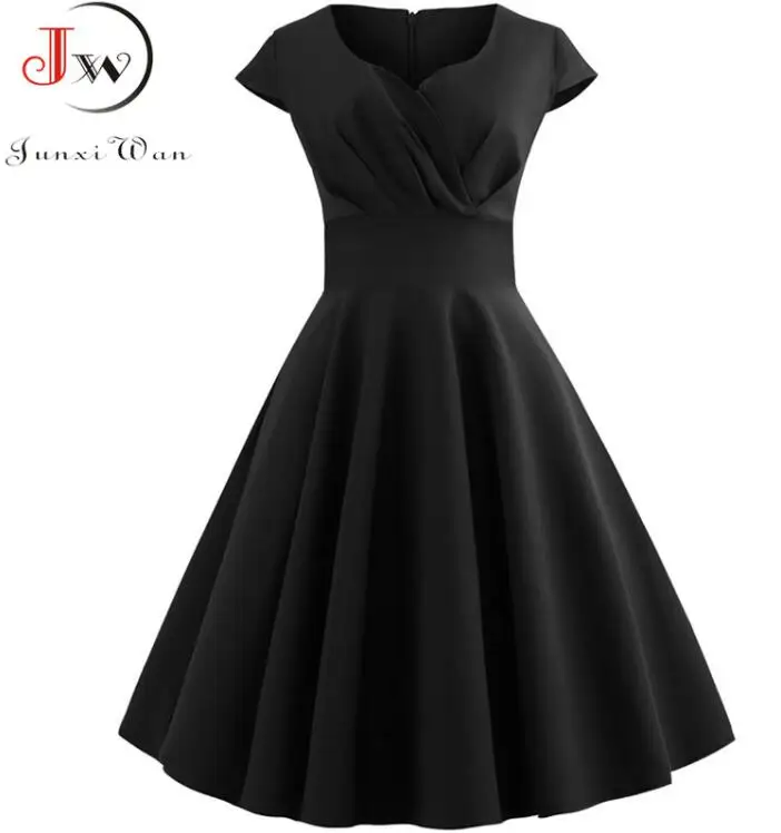 BLACK Летнее женское платье с коротким рукавом Хепберн 50s 60s винтажное пин-ап рокабилли платье халат размера плюс элегантное вечернее платье - Цвет: BLACK
