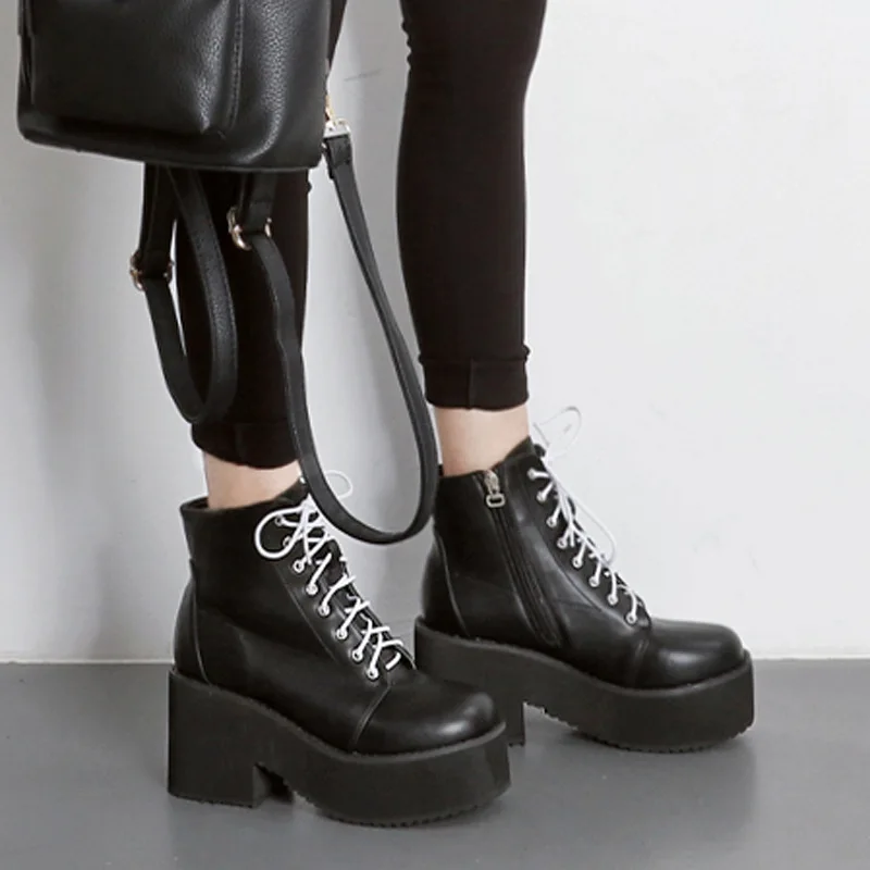 

Thick Soles High Heel Women Boots Punk Round Toe Lace-Up Ankle Boots Harajuku Zipper shoes Boots Genuine Leather Booties