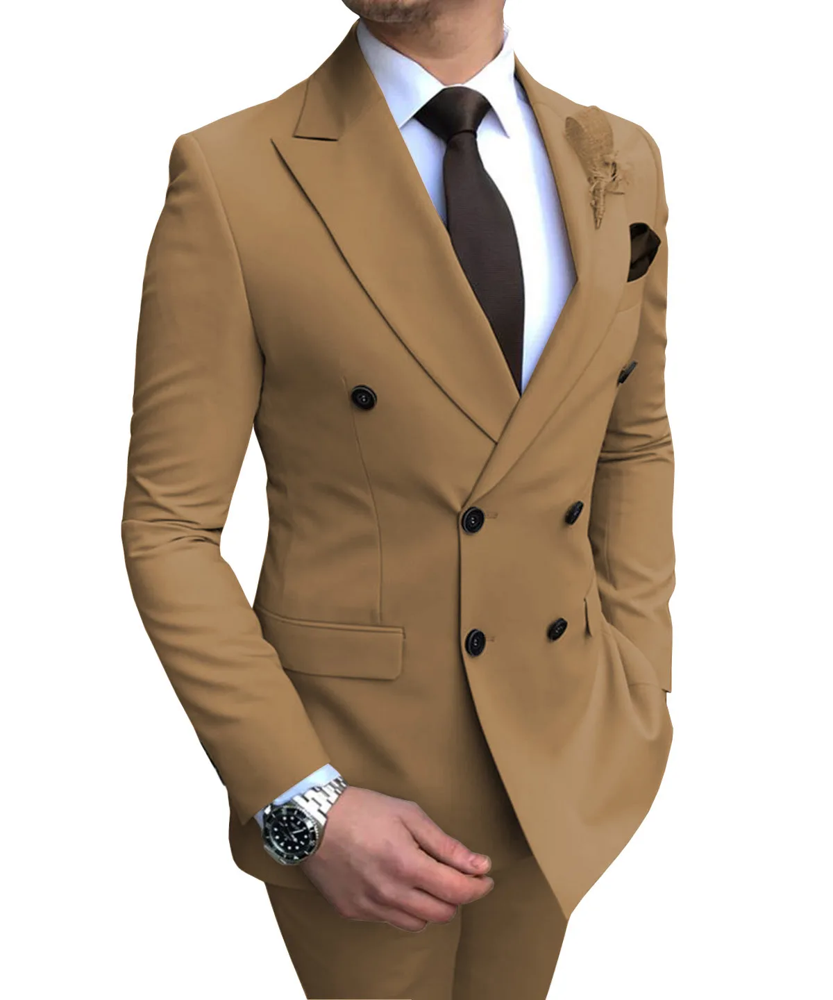 khaki Мужские костюмы, 2 предмета, двубортный, обычный крой, с отворотом, однотонный, для выпускного, смокинги, свадебные(Блейзер+ брюки - Цвет: khaki
