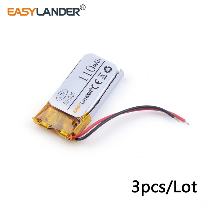 

3pcs /Lot 501025 110mAh 3.7v lithium Li ion polymer rechargeable battery For MP3 MP4 DVR GPS mp5 toys DVR Sports headphone