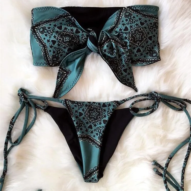 Pacento Ретро бандо сексуальный купальник для женщин с принтом бикини набор Пуш-ап