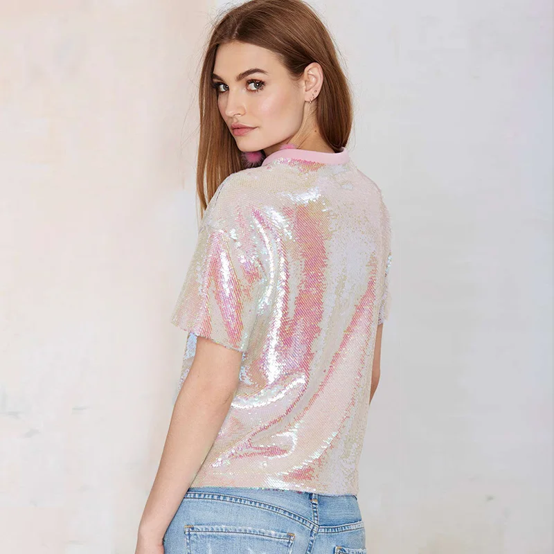 New Arrival Summer women PINK sequin T-shirt 2017 High quality gorgeous shirt for girls plus size clothing sequined Top | Женская одежда