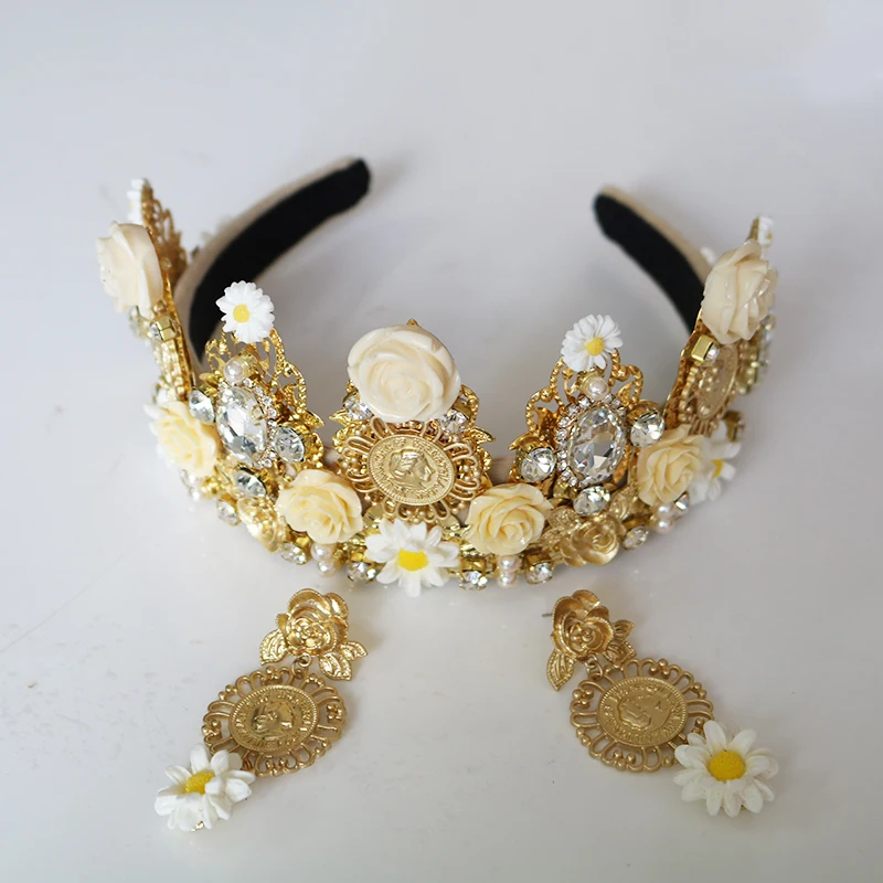 Винтажная золотая металлическая большая корона белый керамический цветок в