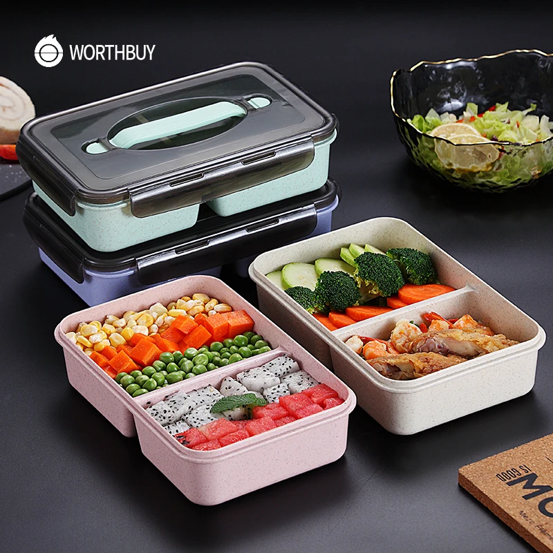 WORTHBUY, японский детский Ланч-бокс, микроволновая печь, Bento box с отделениями, пшеничная солома, Bento Ланч-бокс, герметичный контейнер для еды