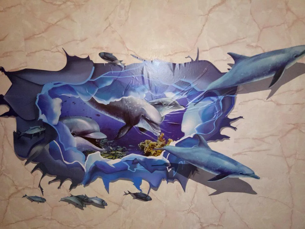 3D Дельфин настенный стикер морской аквариум трещина Настенная Наклейка для