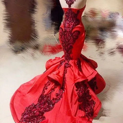 

Red Luxury Sequins Applique Mermaid Ruffles Prom Pageant Dresses Jewel Sheer Neck Fishtail Real Image Occasion evening wear